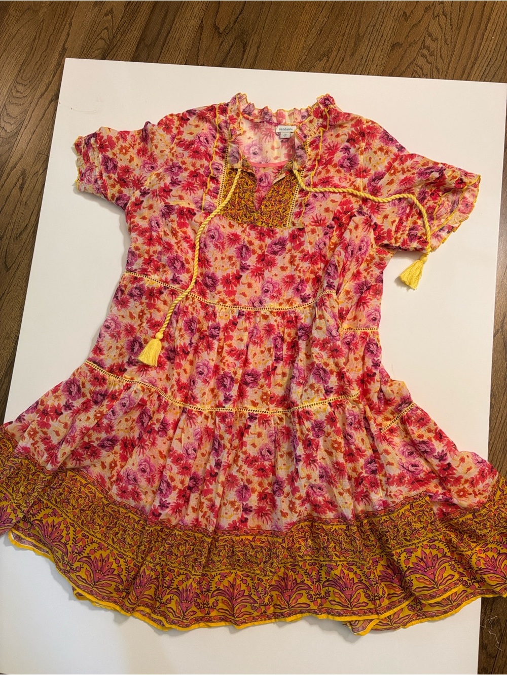 Sundance Fields Of Beauty Tiered Pink Yellow Boho Cottagecore Dress  XL